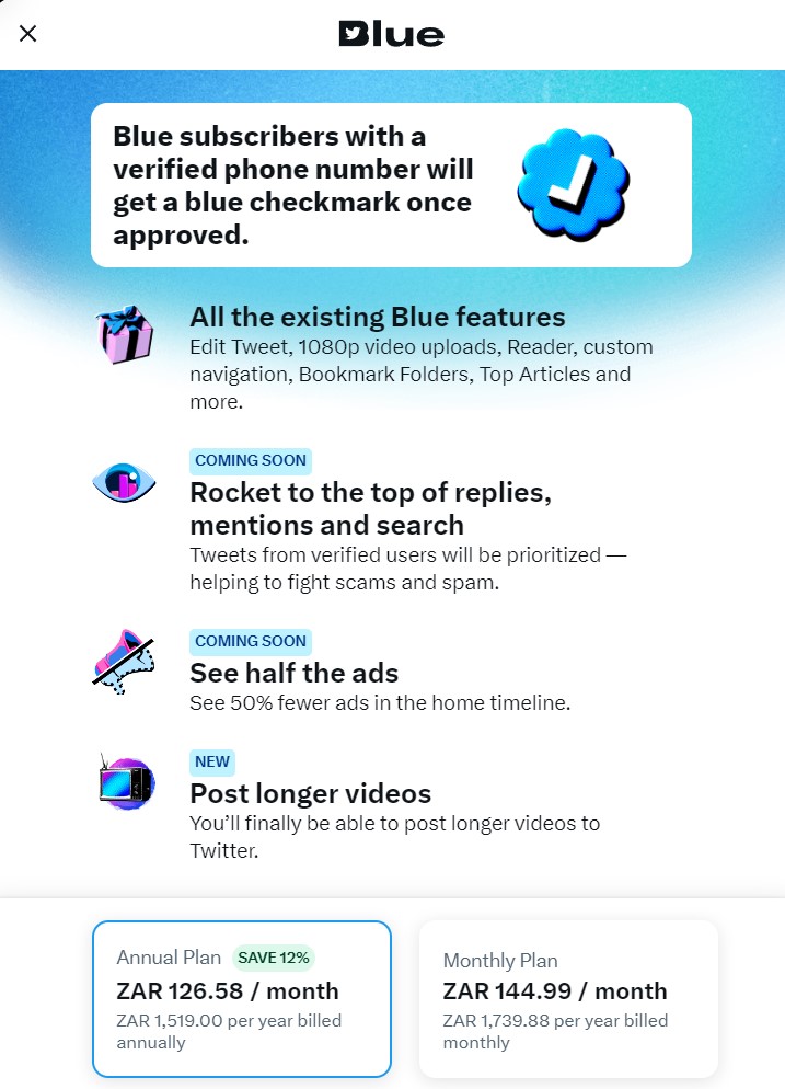 twitter blue price south africa on web